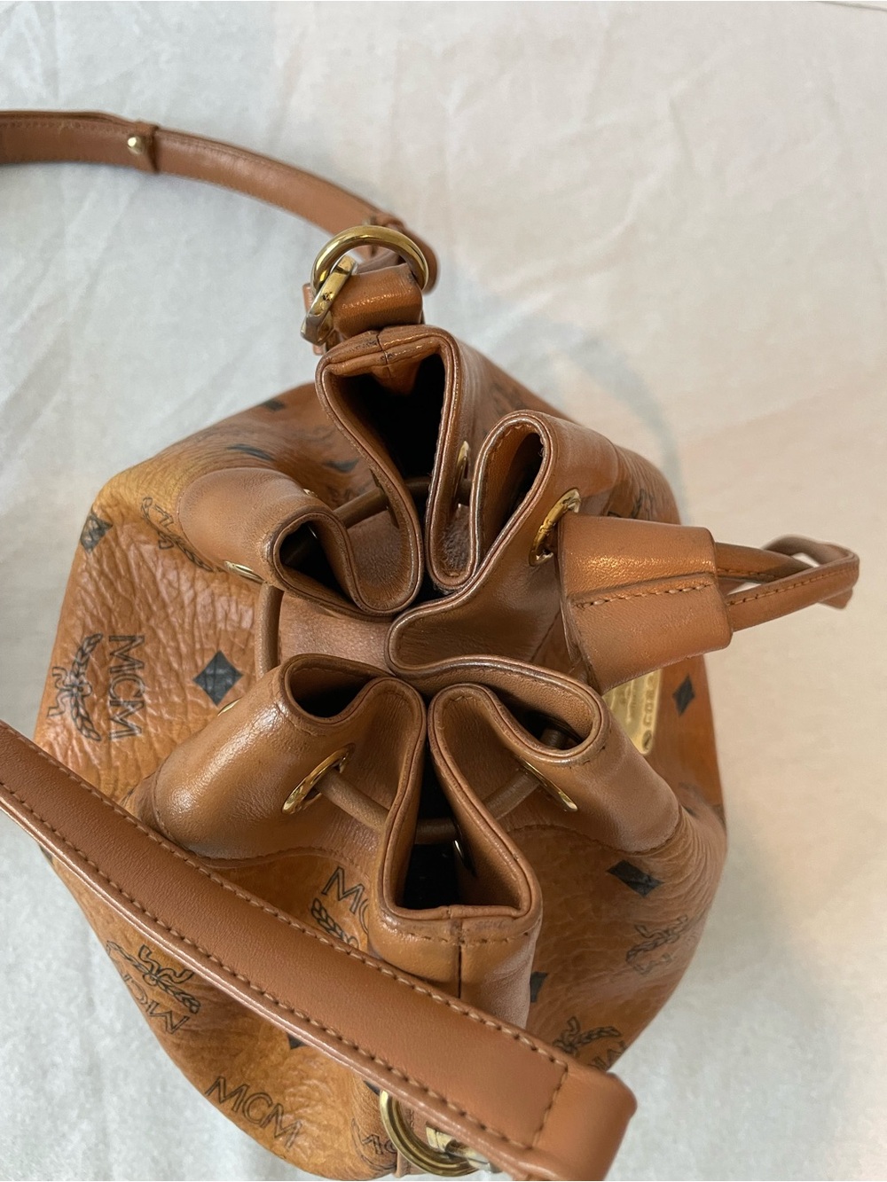 MCM Brown Logo Print Drawstring Bucket Bag w/ Detachable Strap Gold Hardware - Picture 3 of 15
